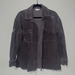 Mystree Charcoal Distressed Corduroy Shacket Oversized Button Down Small